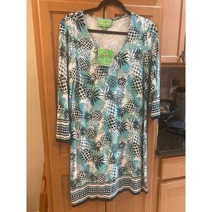 Cappagallo Midi Boho Dress Women Small Blue Viscose Pineapple Print Scoop Neck